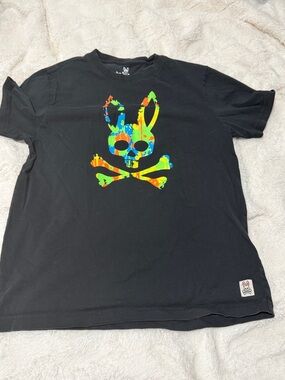 Psycho Bunny Black Tee with Neon Tie-Dye Skull Logo